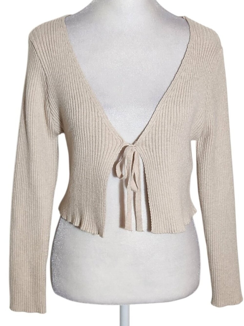 SHEIN Cream Ribbed Knit Tie Front Cardigan Size 6